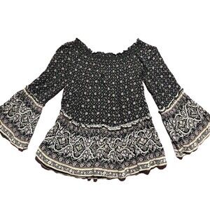 American Eagle Women Floral Blouse Black Beige Bohemian Style Bell Sleeves Small